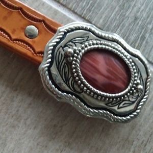 Vintage Tooled Leather Belt Silver Tone Buckle w/ Stone Western Boho Statement